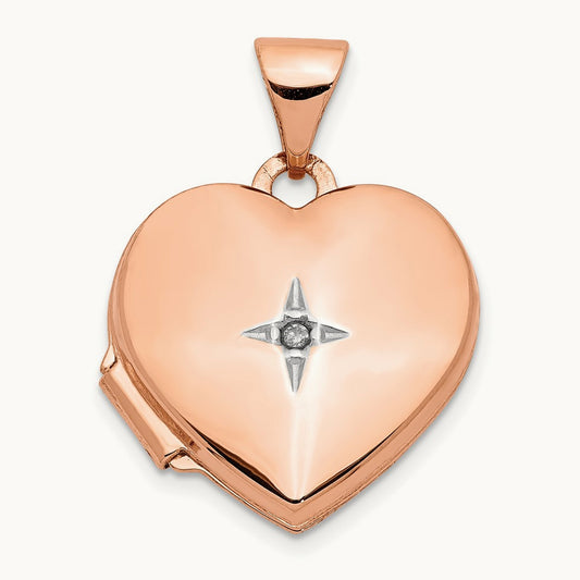 Diamond Polished Heart Locket, 15mm, 14K Rose Gold