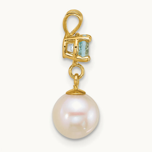 7- Round White FWC Pearl and Blue Topaz Pendant, 8mm, 14K