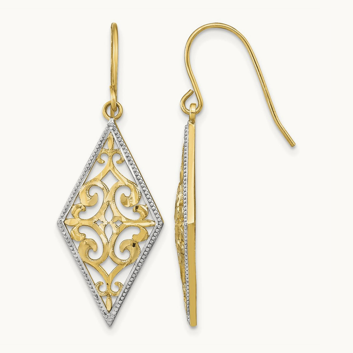 w/Rhodium Diamond Shape Filigree Dangle Earrings, 14K