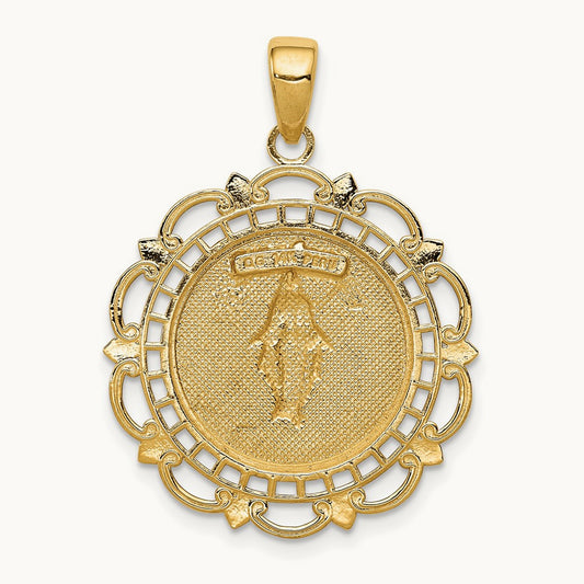 Polished Miraculous Medal With Scallop Frame Pendant, 14K