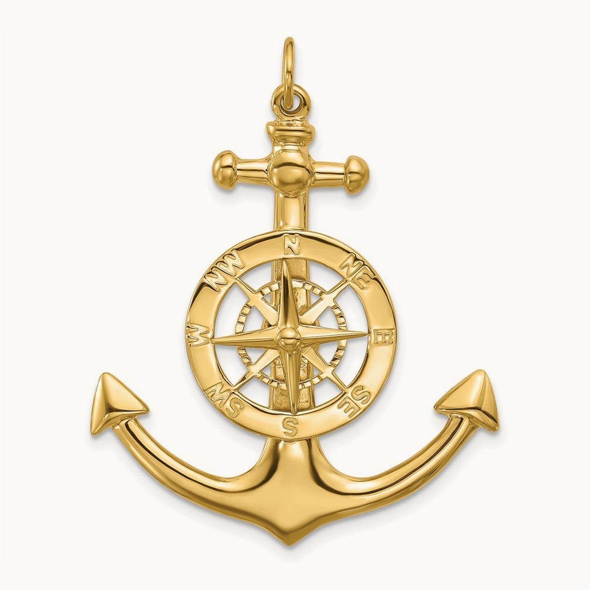 Large Anchor w/ Nautical Compass Charm, 14K