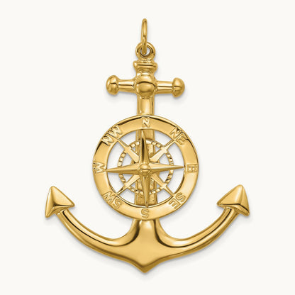 Large Anchor w/ Nautical Compass Charm, 14K