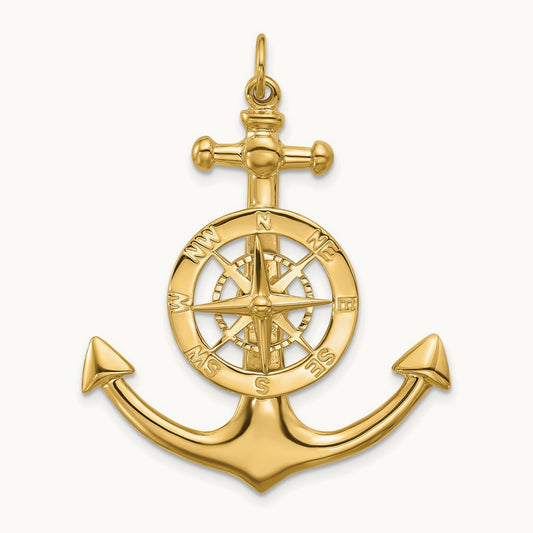 Large Anchor w/ Nautical Compass Charm, 14K