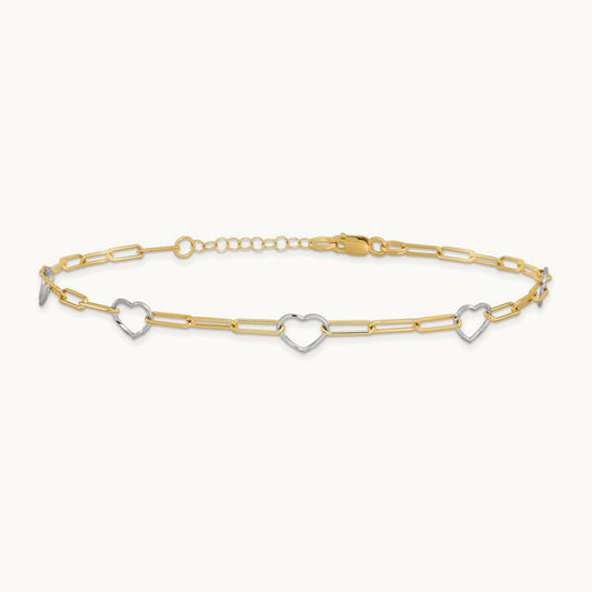 Paperclip Link Heart 9in Plus 1in ext. Anklet, 14K Two-tone