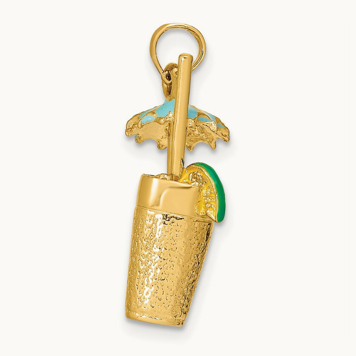 3-D Cocktail Drink w/ Enamel Umbrella and Lime Charm, 14K