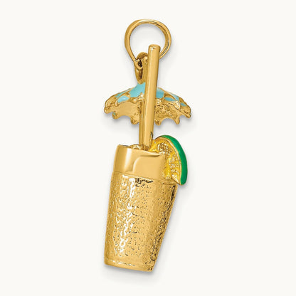 3-D Cocktail Drink w/ Enamel Umbrella and Lime Charm, 14K