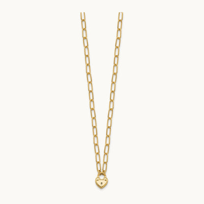 Polished Heart Lock Charm Paperclip Link Necklace, 14K