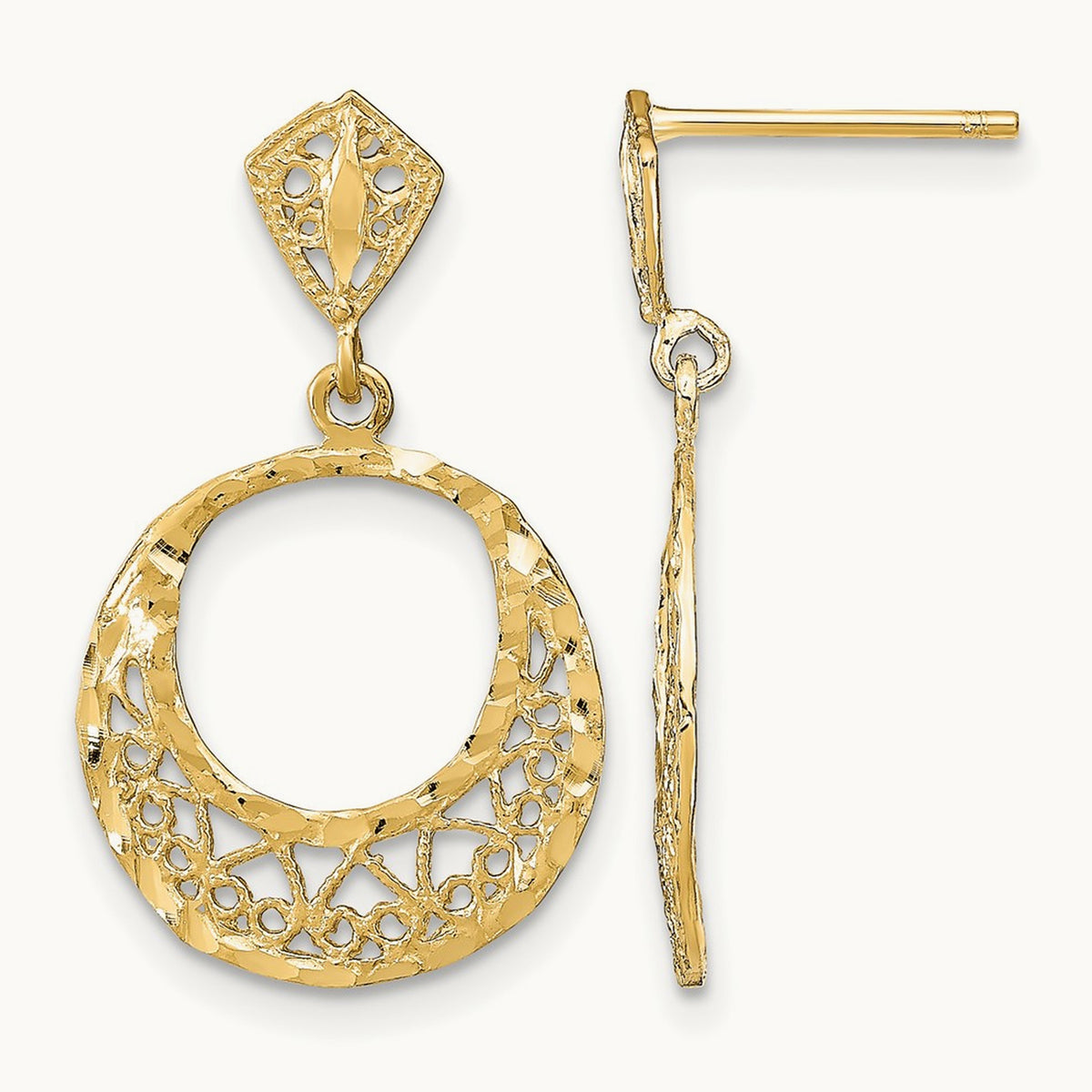 Fancy D/C Post Dangle Earrings, 14K