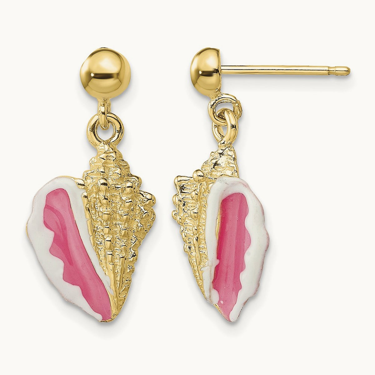 Conch Shell Dangle Earrings, 14K White with Pink Enamel