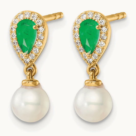 Polished Diamond Pearl and Emerald Dangle Post Earrings, 14K
