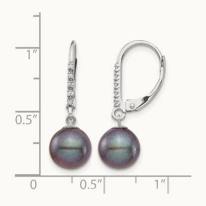 8- Black FWC Pearl .05ct Diamond Leverback Earrings, 9mm, 14K White Gold
