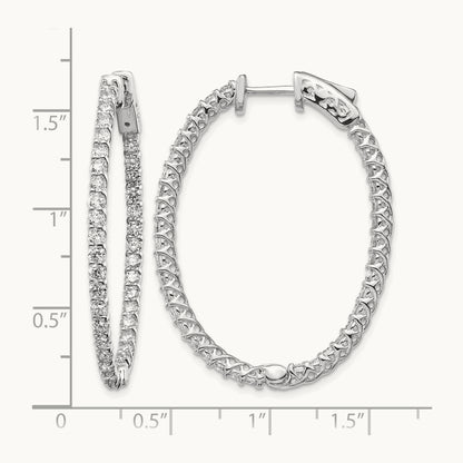 Diamond Oval Hoop w/Safety Clasp Earrings, 14K White Gold