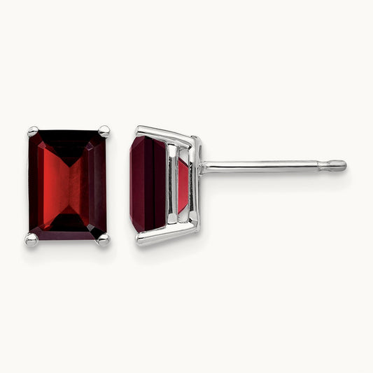 7x5mm Emerald Cut Garnet Earrings, 14K White Gold