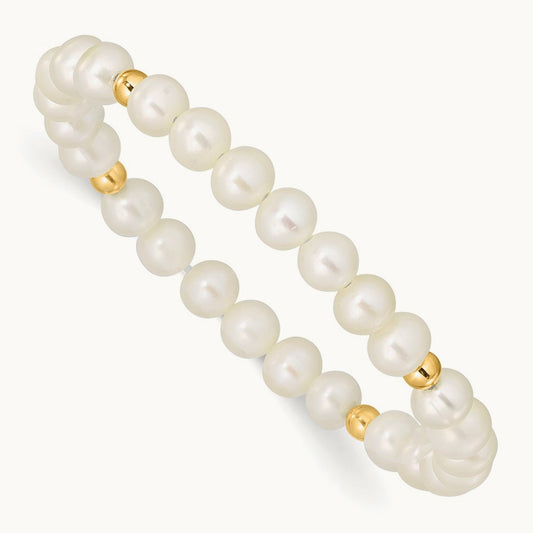 Madi K 4- White Egg Shape FWC Pearl & Beads Stretch Bracelet, 5mm, 14K