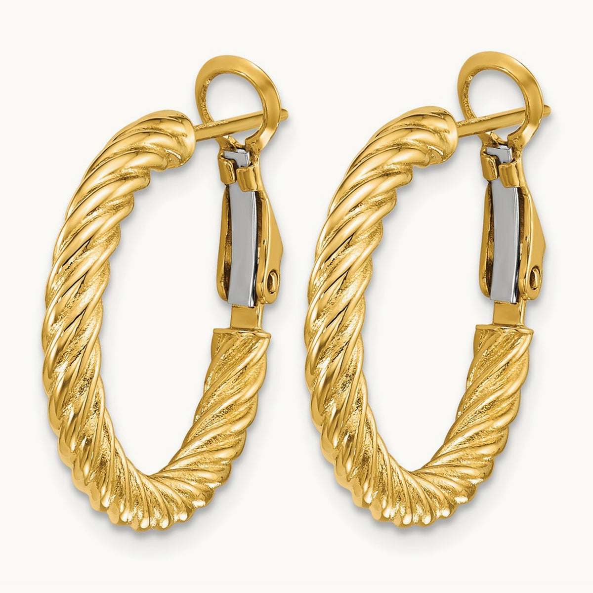 Twisted Round Hoop Earrings — 14K Yellow Gold, 3x21mm