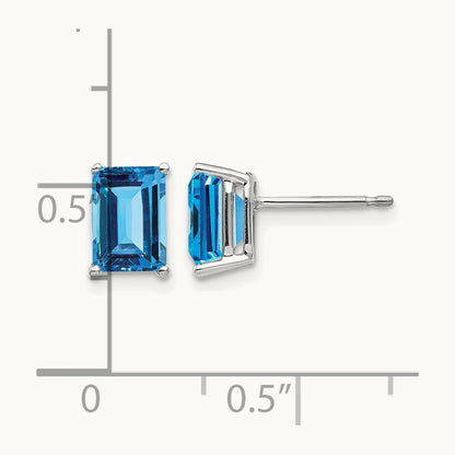 7x5mm Emerald Cut Blue Topaz Earrings, 14K White Gold