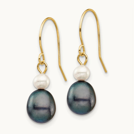 4- White/Black Round/Rice FW Culutured Pearl Dangle Earrings, 7mm, 14K