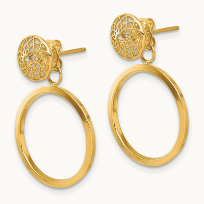 Polished Cut Out Hollow Dangle Circle Post Earrings, 14K