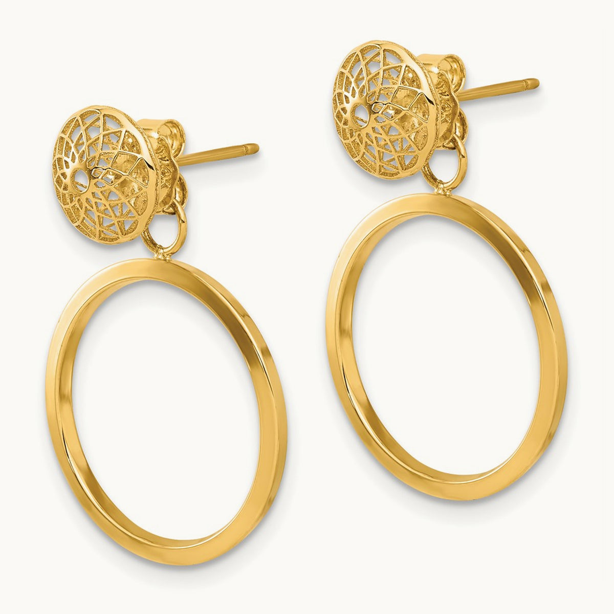 Polished Cut Out Hollow Dangle Circle Post Earrings, 14K