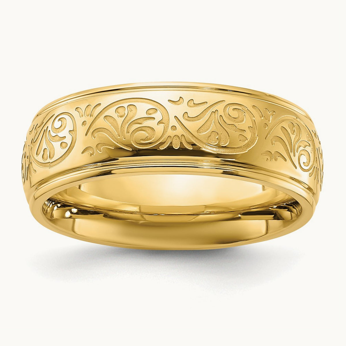 Polished Yellow IP Etched Design Ridged Edge Band, 7.5mm, Stainless Steel