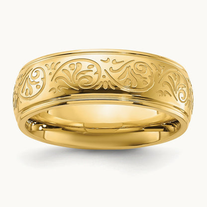 Polished Yellow IP Etched Design Ridged Edge Band, 7.5mm, Stainless Steel