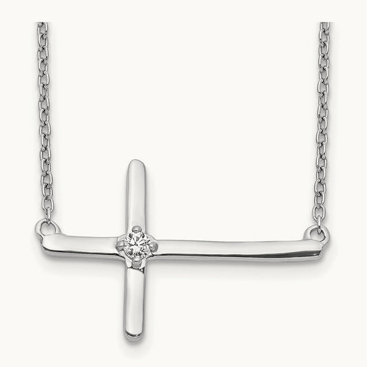 Diamond Sideways Cross 18in Necklace, 14K White Gold