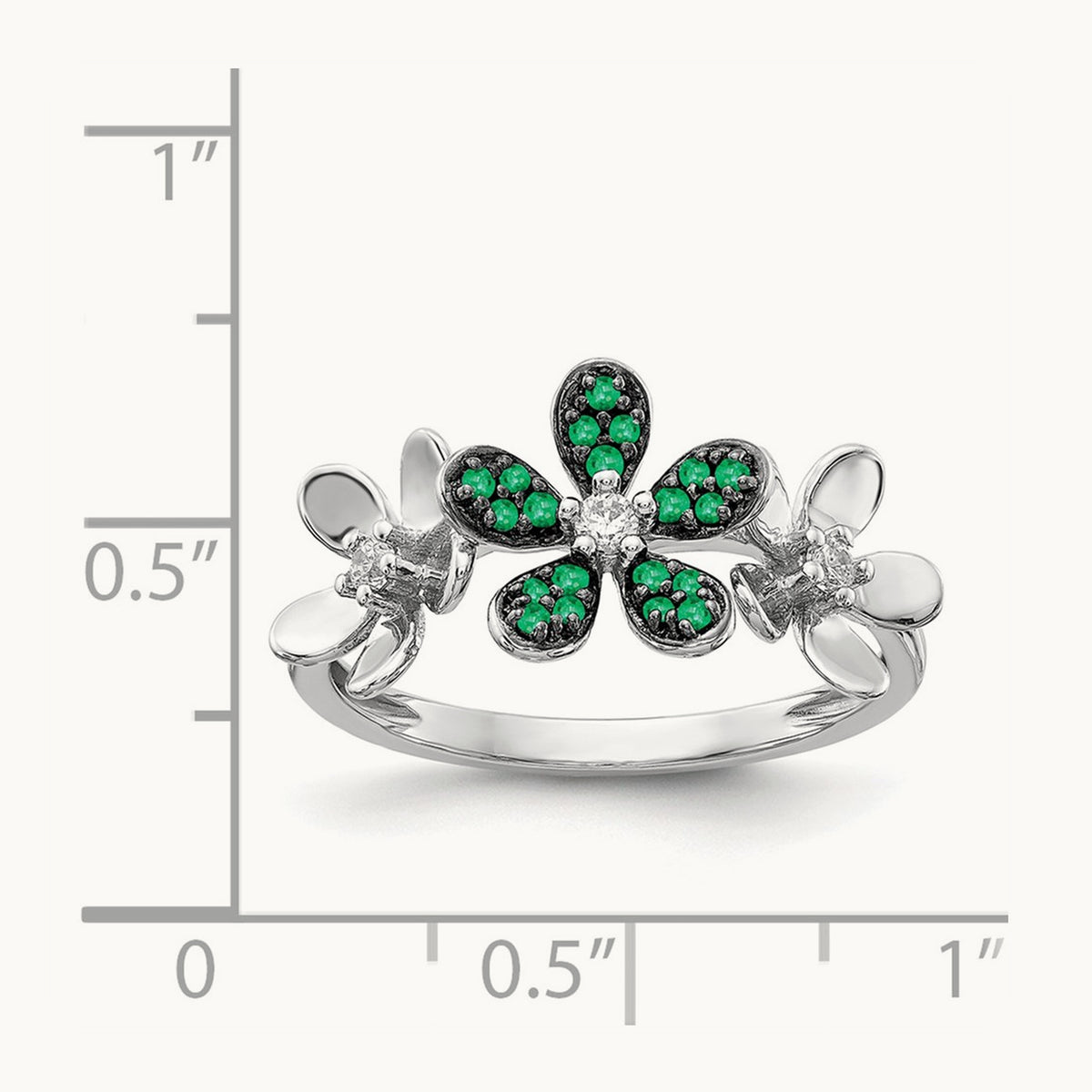Diamond and Emerald Flower Ring, 14K White Gold
