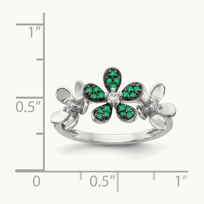 Diamond and Emerald Flower Ring, 14K White Gold