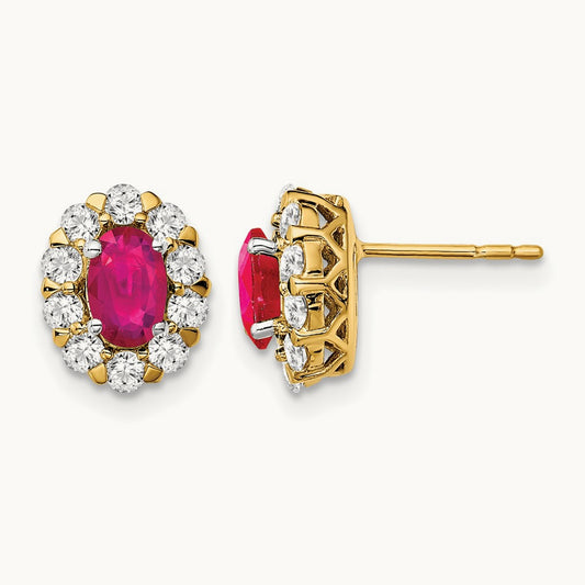 Oval Ruby and Diamond Halo Post Earrings, 14K