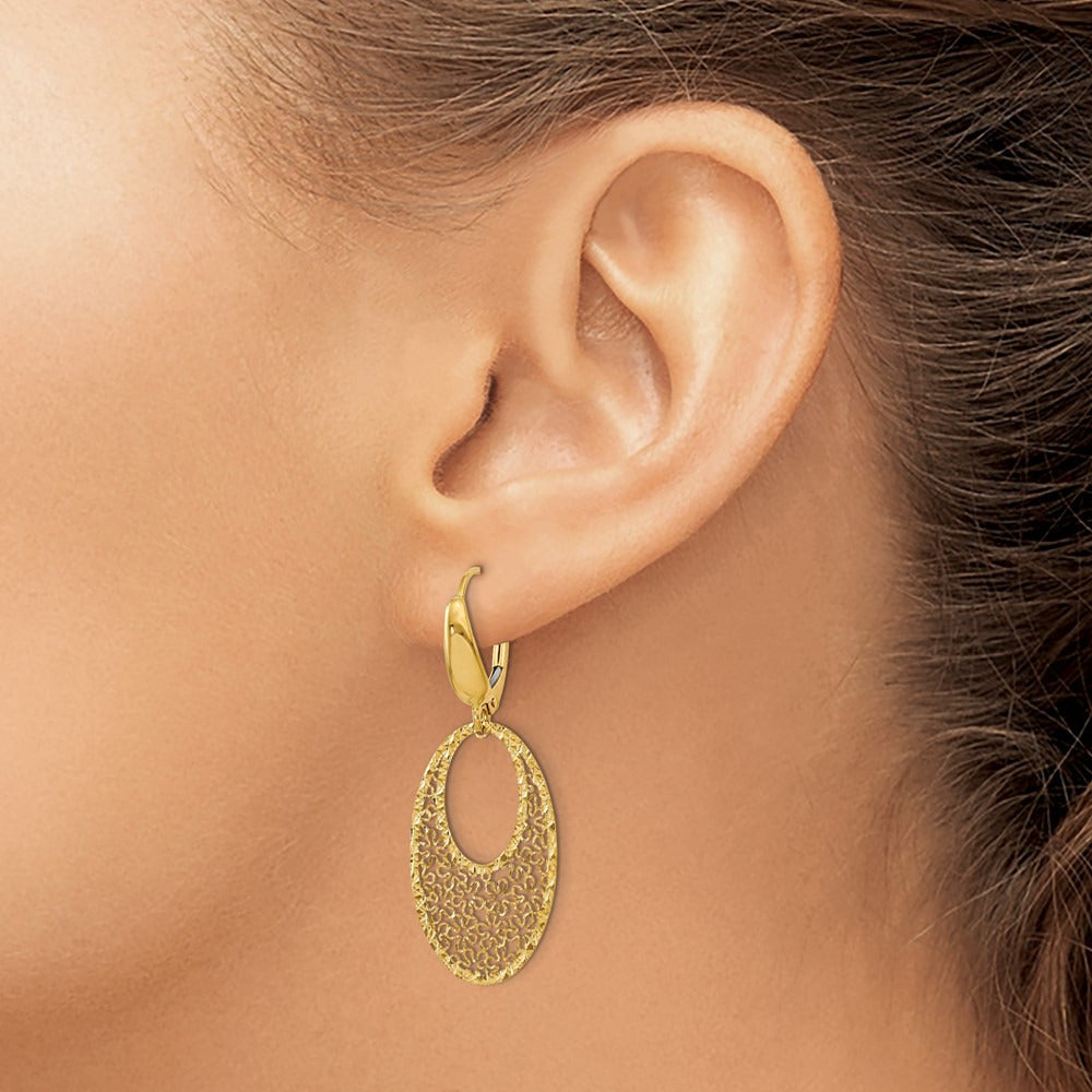 Polished and Textured Floral Leverback Earrings — 14K Yellow Gold