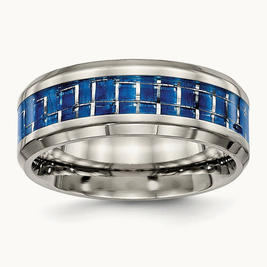 Polished with Blue/White Carbon Fiber Inlay Ring, 8mm, Titanium