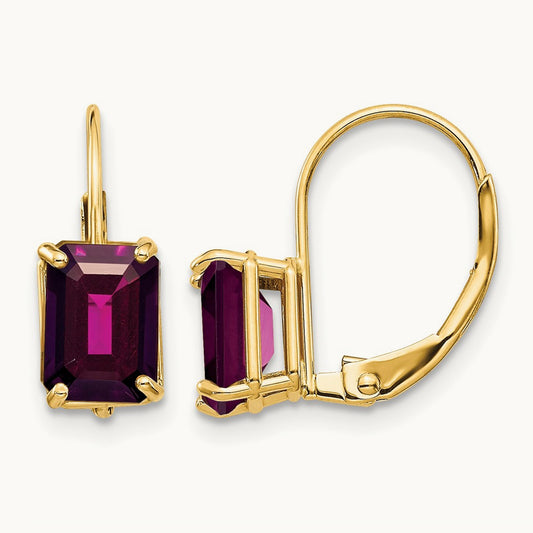 7x5mm Emerald Cut Rhodolite Garnet Leverback Earrings, 14K