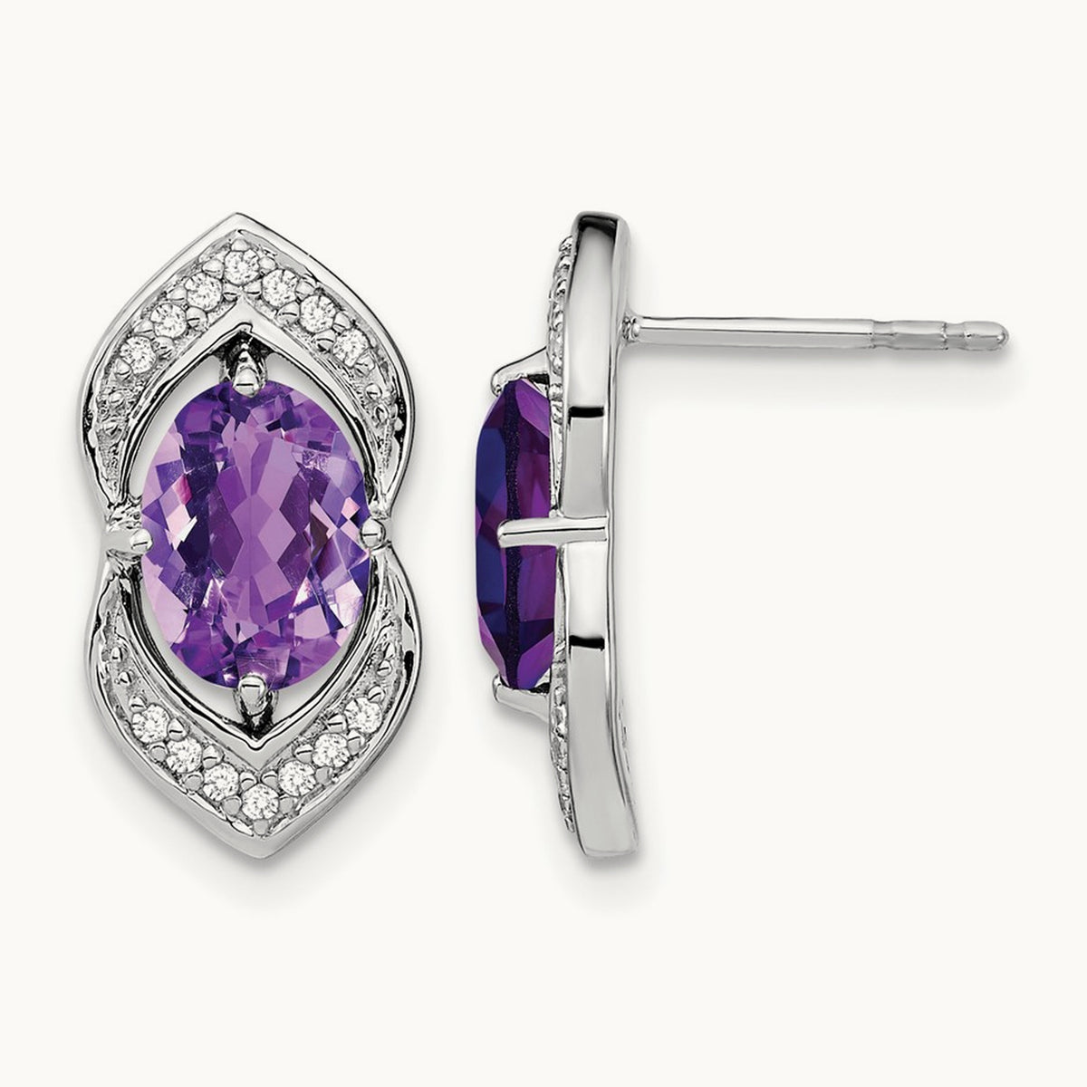 Amethyst and Diamond Post Earrings, 14K White Gold