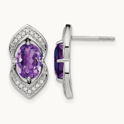 Amethyst and Diamond Post Earrings, 14K White Gold