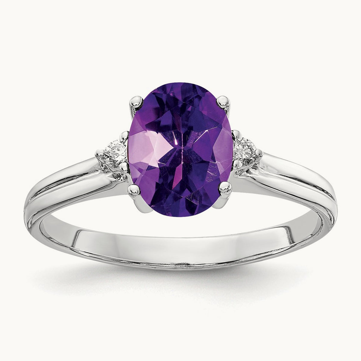 8x6mm Oval Amethyst AA Diamond ring, 14K White Gold