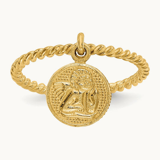 Polished Angel Dangle Charm Child's Ring, 14K