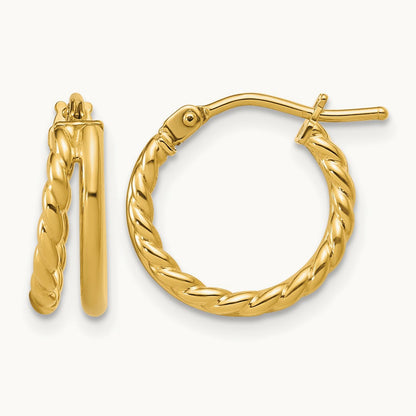 Polished and Twisted 2-row J-Hoop Earrings — 14K Yellow Gold