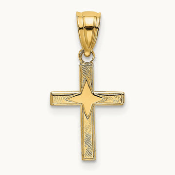Polished w/ Star Pattern Mini Cross Charm, 14K
