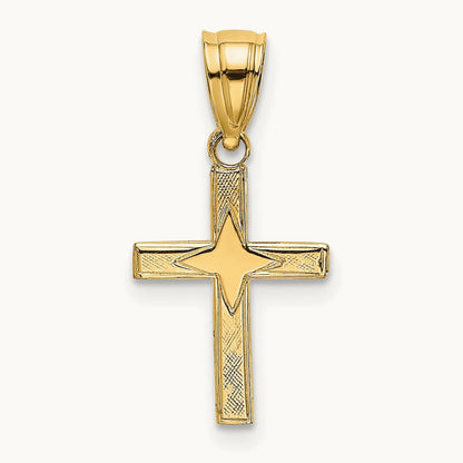Polished w/ Star Pattern Mini Cross Charm, 14K