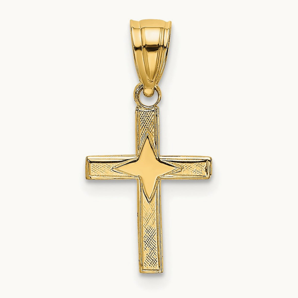 Polished w/ Star Pattern Mini Cross Charm, 14K