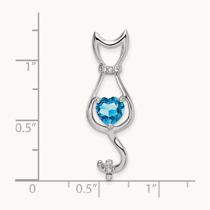 Blue Topaz and Diamond Cat Pendant — 14K White Gold