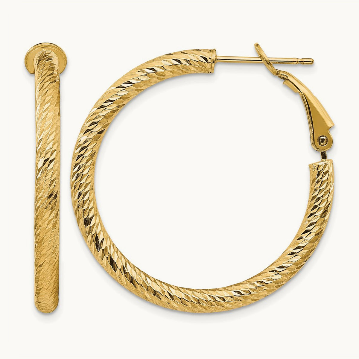 Diamond-cut Round Omega Back Hoop Earrings — 14K Yellow Gold, 3x32mm