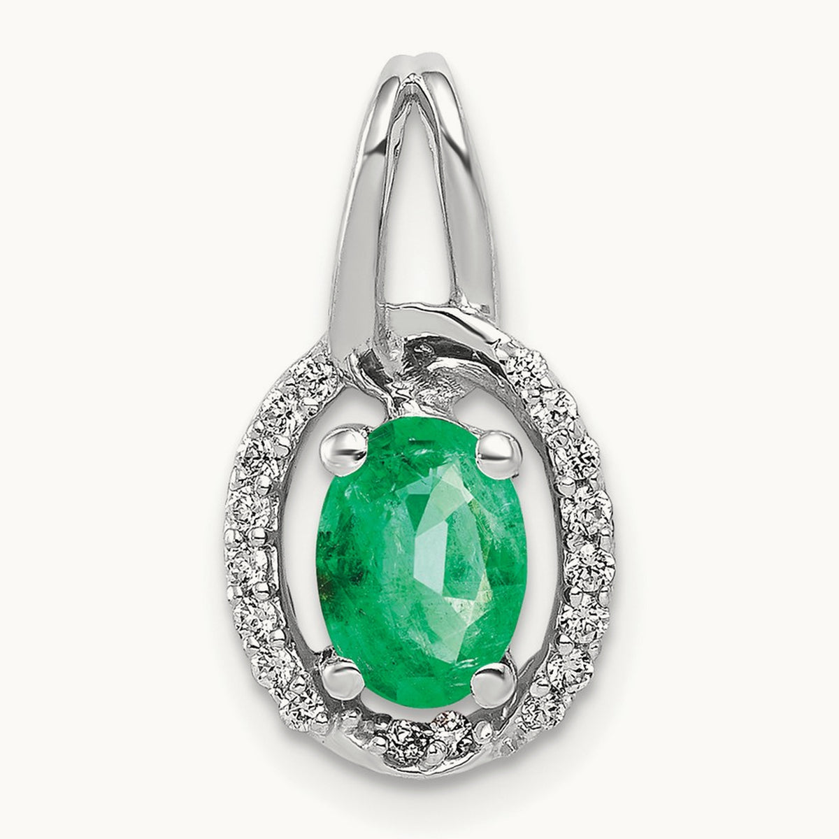 Diamond and Oval Emerald Pendant — 14K White Gold