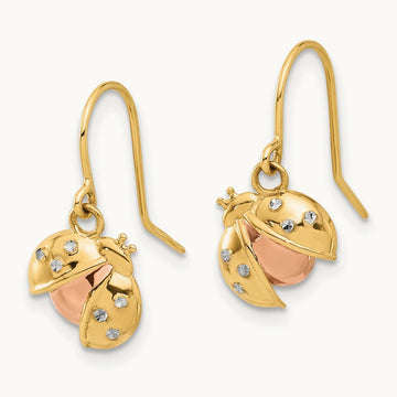 w/Rose and White Rhodium D/C Ladybug Dangle Earrings, 14K