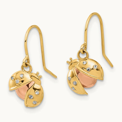 w/Rose and White Rhodium D/C Ladybug Dangle Earrings, 14K