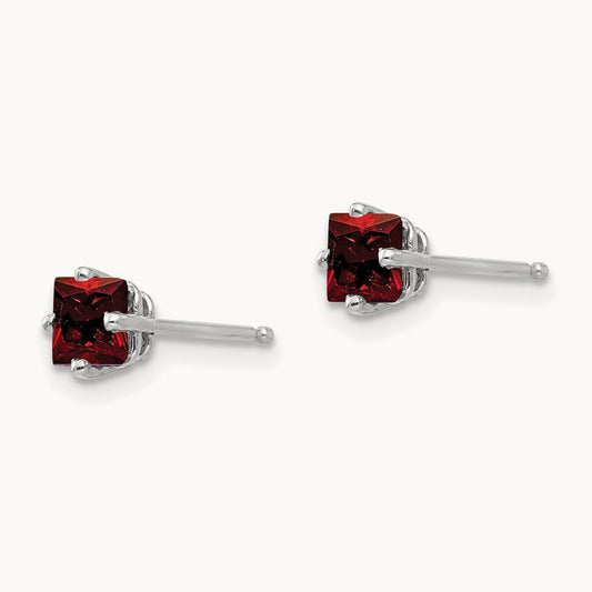 Princess Cut Garnet Earrings, 4mm, 14K White Gold