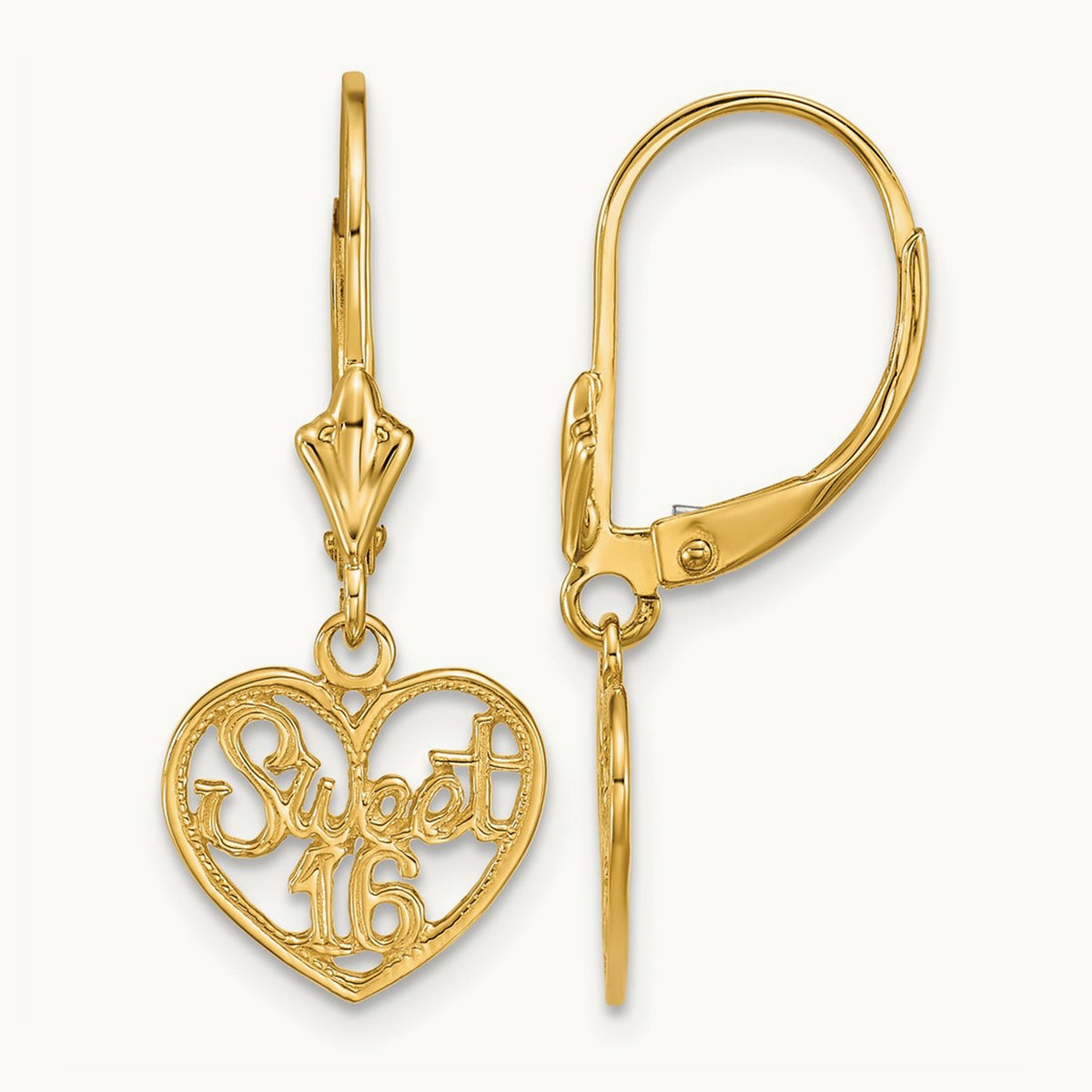 Polished SWEET 16 in Heart Dangle Leverback Earrings, 14K