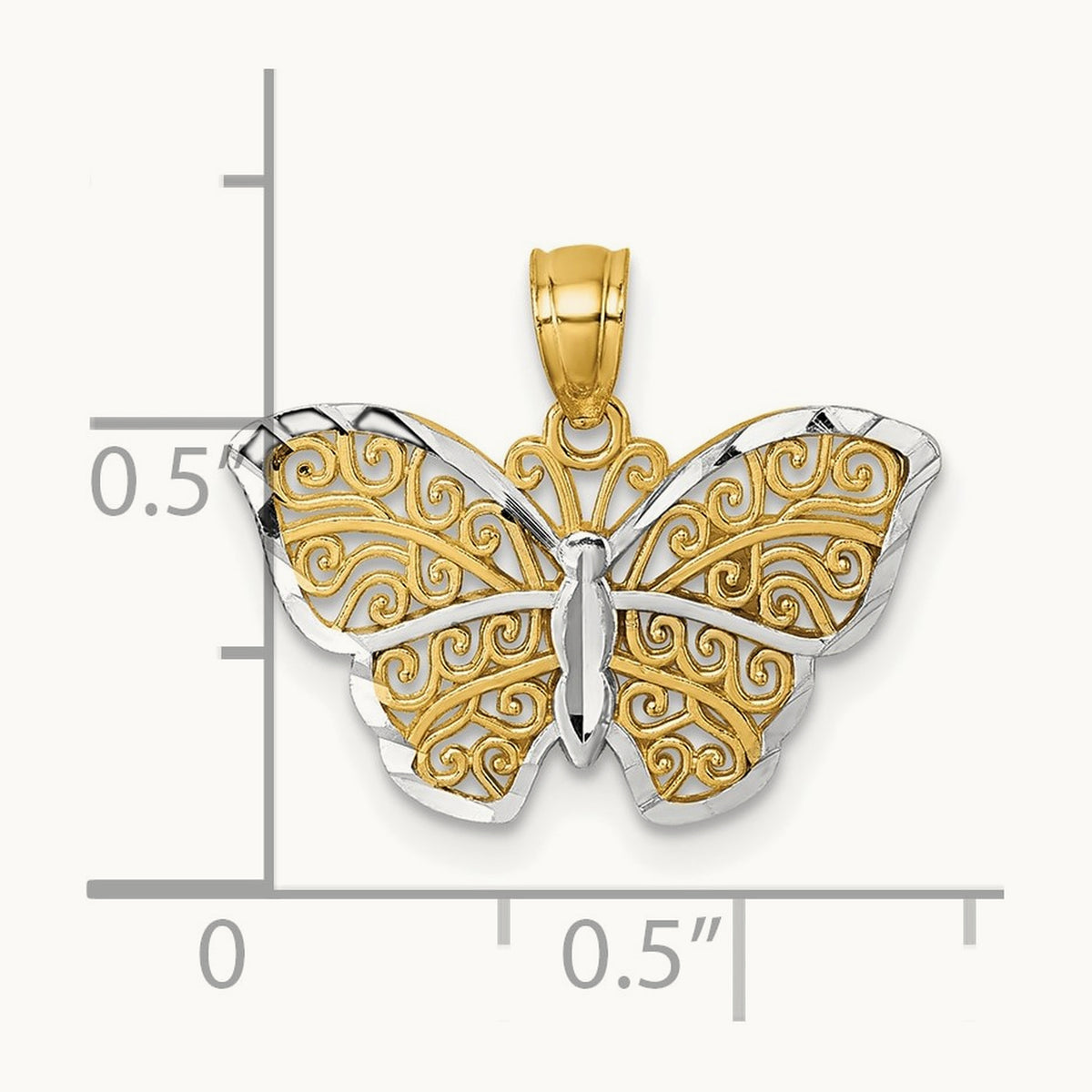Polished w/Rhodium Diamond-cut Filigree Butterfly Pendant, 14K