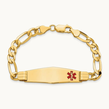 Medical Soft Diamond Shape Red Enamel Flat Figaro Link ID Bracelet, 14K