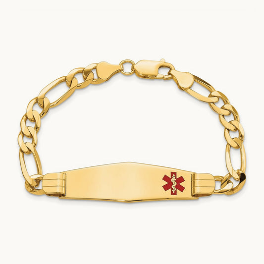 Medical Soft Diamond Shape Red Enamel Flat Figaro Link ID Bracelet, 14K